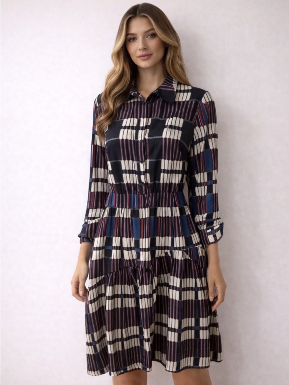 Penelope Patterned Shirt Dress L Collared Long Sleeve Boho Chic